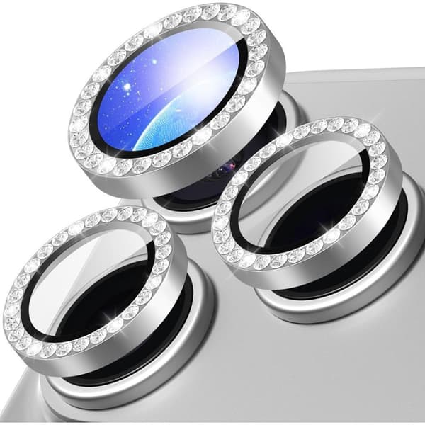 iPhone 18 Pro Max Lens Protector Tempered Glass Metal Ring with Rhinestone - Silver