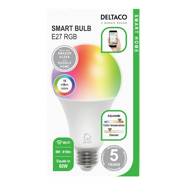 Deltaco Smart Home RGB LED-lampa E27, WiFi Dimbar
