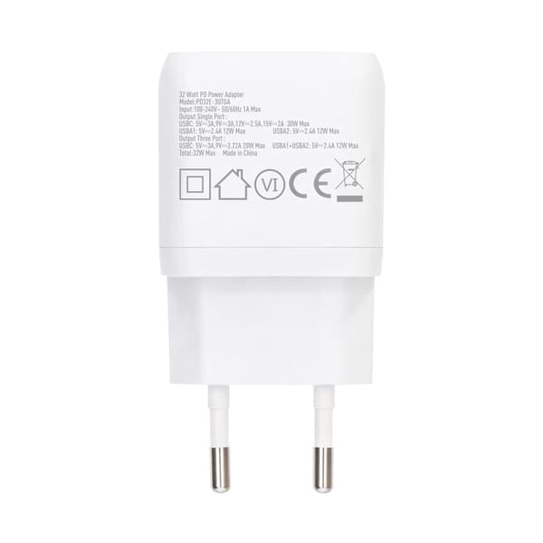 Rvelon Väggladdare USB-C + 2x USB-A 32W GaN - Vit