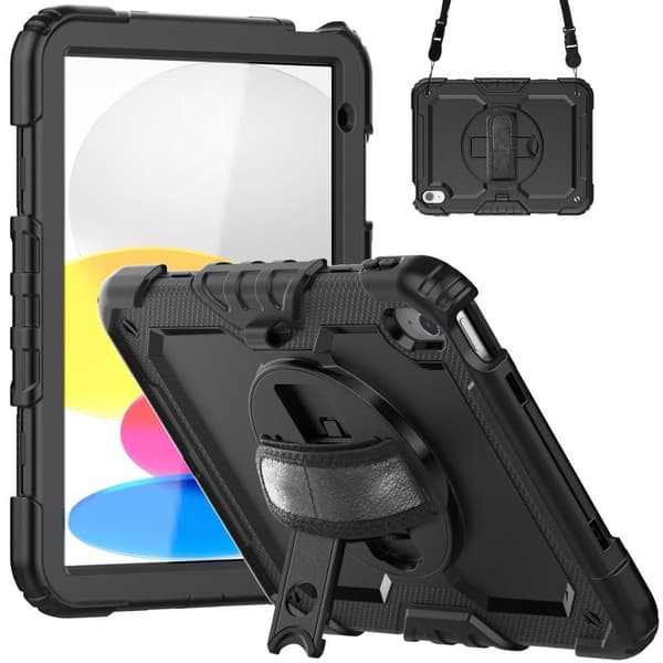 iPad A16 11" 2025 / 10th Gen 10.9" 2022 Case with Hand and Shoulder Strap - Black