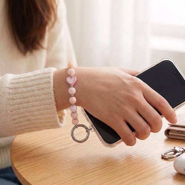 Pärlad handledsrem för mobilskal med hjärta - Rosa