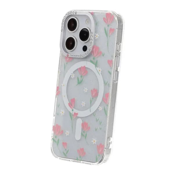 Blommigt Skal med Magsafe för iPhone 16 Pro - Rosa