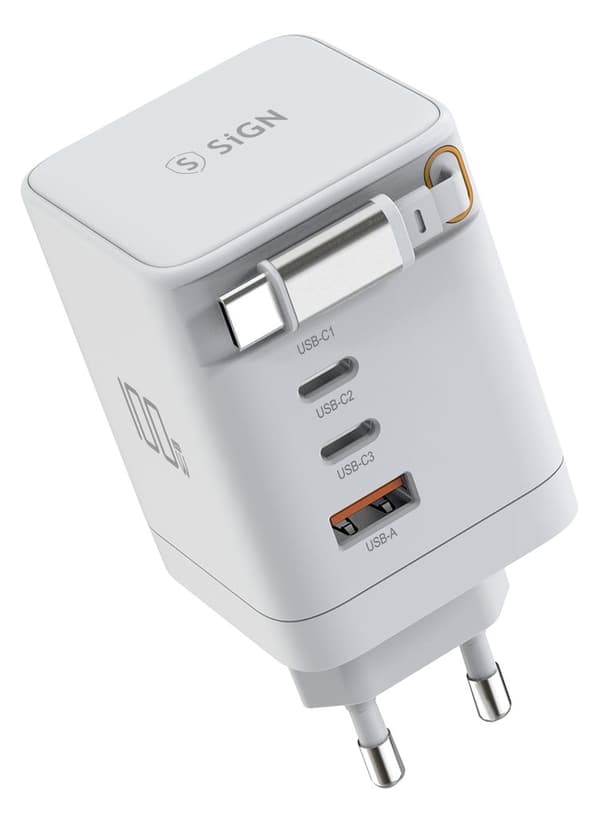 SiGN 100W GAN Fast Charger with Retractable USB-C Cable – White