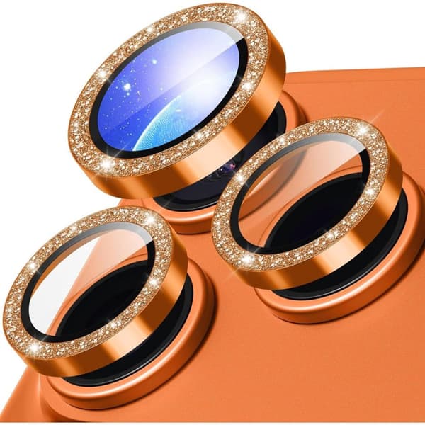 iPhone 18 Pro Max Glitter Camera Lens Film Metal Ring Glass Protector - Orange
