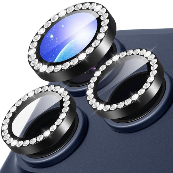 iPhone 18 Pro Tempered Glass Lens Protector with Rhinestone Metal Ring - Black