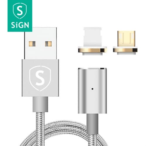 SiGN Magnetkabel 2-i-1 Lightning & Micro-USB 2.4A 1 m - Silver Svart