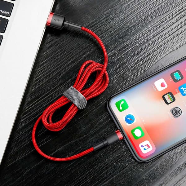 SiGN Kevlar USB-kabel med Lightning 1.5A, 2 m - Grå/Röd Svart
