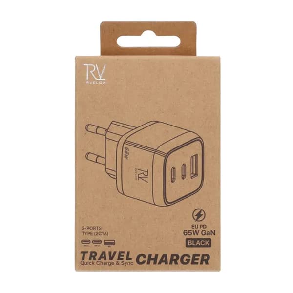 Rvelon Wall Charger 2x USB-C and USB-A 65W GaN - Black