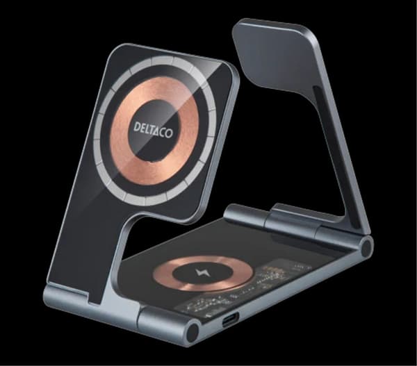 Deltaco 3-in-1 transparent foldable wireless charger with magnet, for iPhone, TWS and Apple Watch