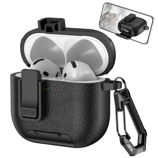 AirPods 4 Case Leather Texture Lock Stand with Carabiner - Black