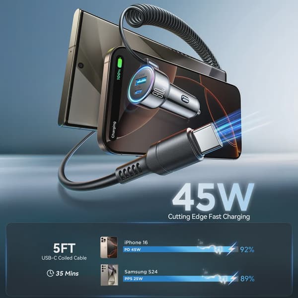 SiGN 90W 3-i-1 Snabb Billaddare med USB-C Kabel Svart
