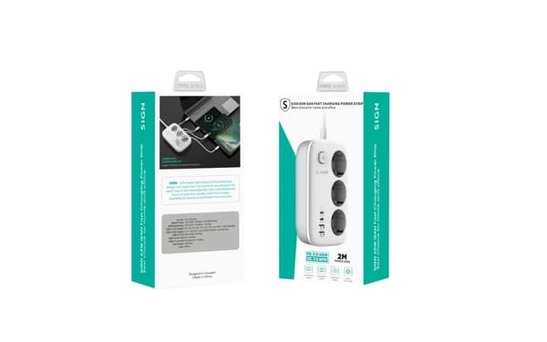 SiGN 65W GaN snabbladdning grenuttag 3-vägs/2x USB-A/2x USB-C, 2m - Vit Svart