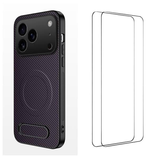 iPhone 18 Pro Carbon Fiber MagSafe Kickstand Case & 2x Screen Protector - Purple