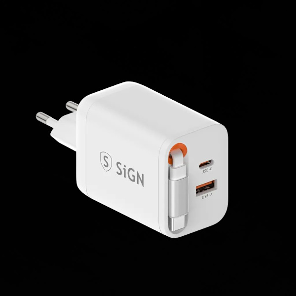 SiGN GaN Fast Charger USB-C/USB-A 65W with extendable USB-C cable - White