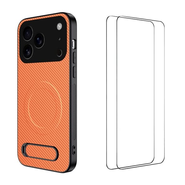 iPhone 18 Pro Carbon Fiber MagSafe Kickstand Case & 2x Screen Protector - Orange