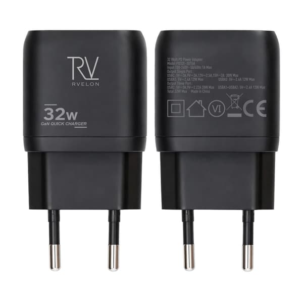 Rvelon Väggladdare USB-C + 2x USB-A 32W GaN - Svart