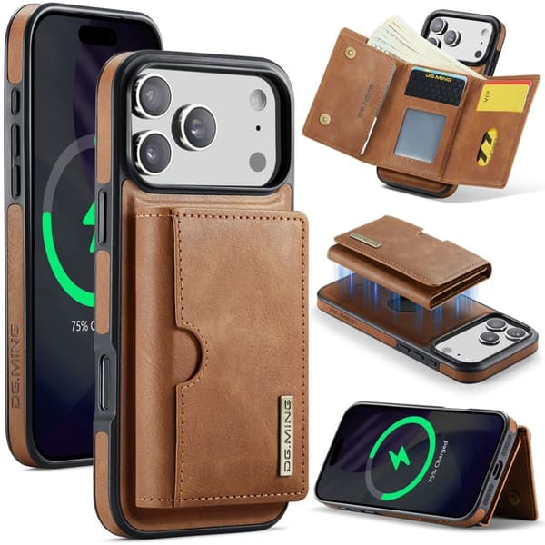 DG.MING iPhone 18 Pro/17 Pro Case with Magnetic Wallet - Light Brown