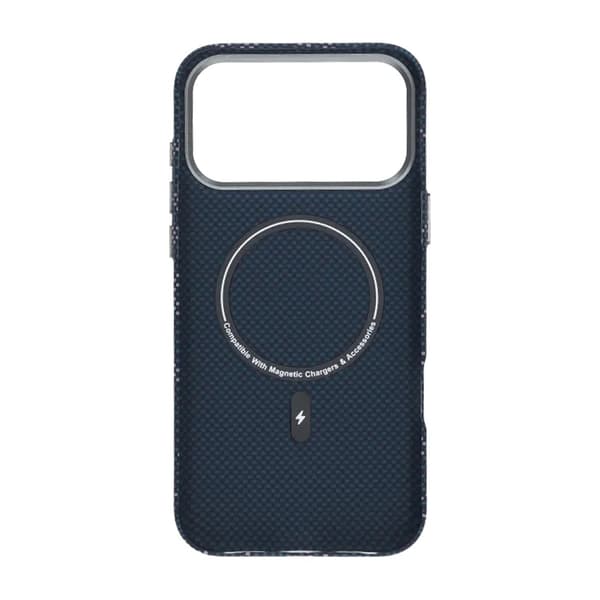 Aramid fiber mobile phone case for iPhone 17 Pro Max - Blue with text