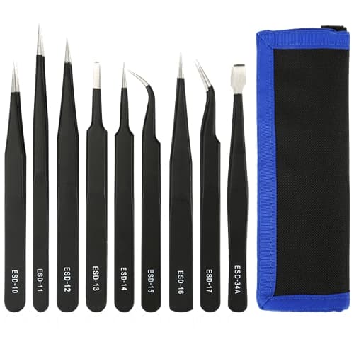 Deltaco Tweezer Kit for Electronics/ESD, 9 Parts - Black