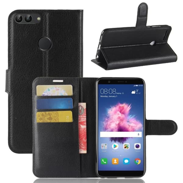 Litchi Wallet Cover for Huawei P Smart - Black