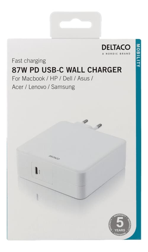 Deltaco 87W Laddare, USB-C PD, Snabbladdning, MacBook, iPhone m.fl.