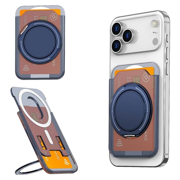 Magnetic Card Holder for Mobile Phone with Ring Stand - Transparent Blue