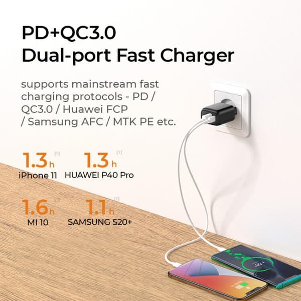 SiGN Snabbladdare USB & USB-C, PD & Q.C3.0, 3.5A, 20W - Vit Svart