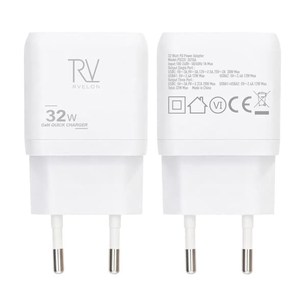 Rvelon Väggladdare USB-C + 2x USB-A 32W GaN - Vit