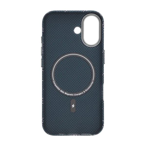 Aramid fiber mobile phone case for iPhone 17 - Blue with text