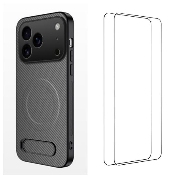 iPhone 18 Pro Carbon Fiber MagSafe Kickstand Case & 2x Screen Protector - Gray