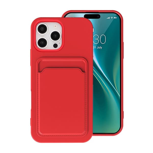 iPhone 16 Pro Max Silicone Phone Case with Card Holder - Red