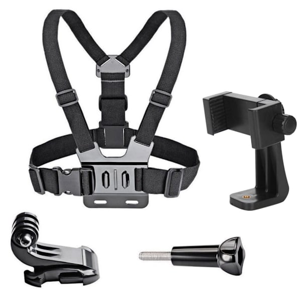 Adjustable harness for action camera + rotating phone stand