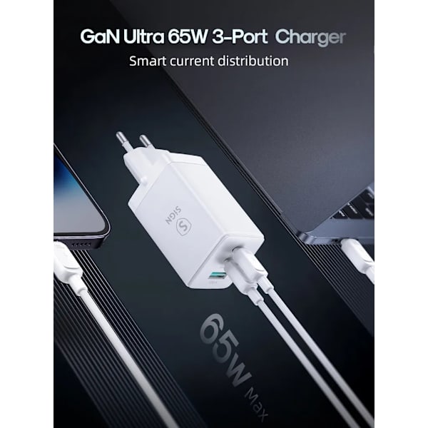 SiGN GaN Ultra 65W 2xUSB-C & 1xUSB-A Snabbladdare - Vit