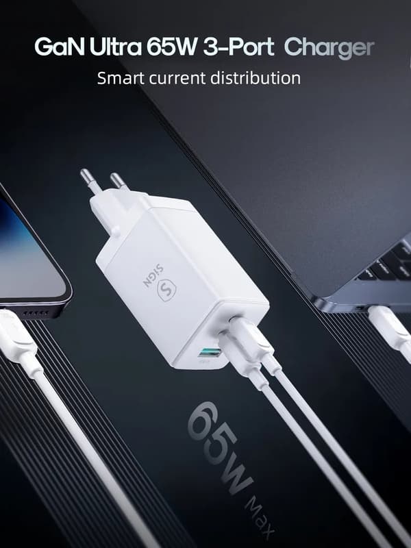 SiGN GaN Ultra 65W 2xUSB-C & 1xUSB-A Snabbladdare - Vit Svart