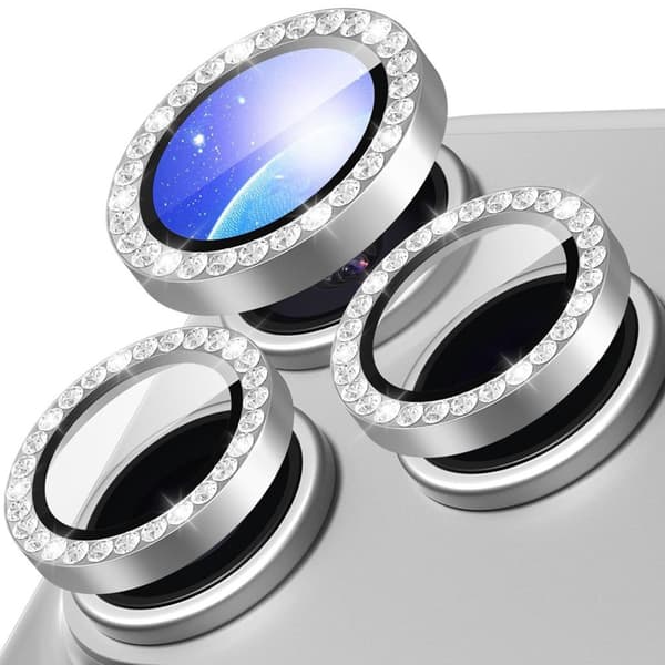 iPhone 18 Pro Tempered Glass Lens Protector with Rhinestone Metal Ring - Silver