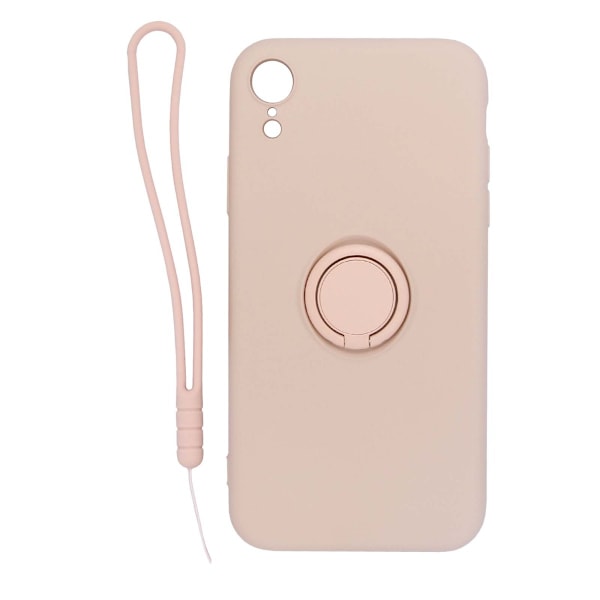 iPhone XR Silikonskal med Ringhållare och Handrem - Rosa