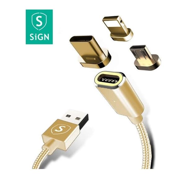 SiGN Magnetkabel 3-in-1 USB-C, Lightning & Micro-USB 2.4A, 1 m - Guld Svart