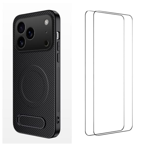 iPhone 18 Pro Carbon Fiber MagSafe Kickstand Case & 2x Screen Protector - Black