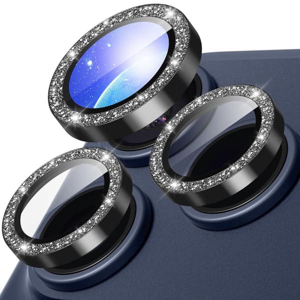 iPhone 18 Pro Lens Protector Metal Ring Tempered Glass Glitter - Black