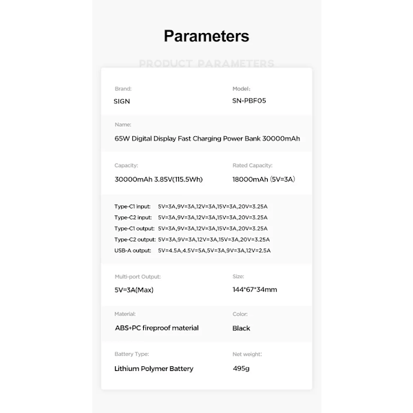 SiGN 65W 30000mAh Snabbladdning Powerbank LED-skärm PD QC för