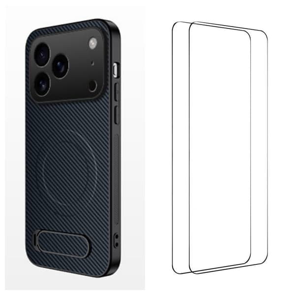 iPhone 18 Pro Carbon Fiber MagSafe Kickstand Case & 2x Screen Protector - Blue