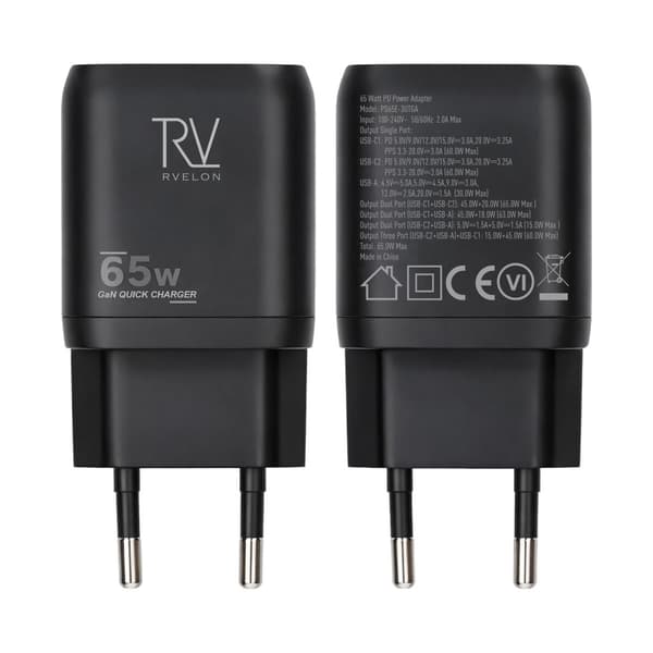 Rvelon Wall Charger 2x USB-C and USB-A 65W GaN - Black