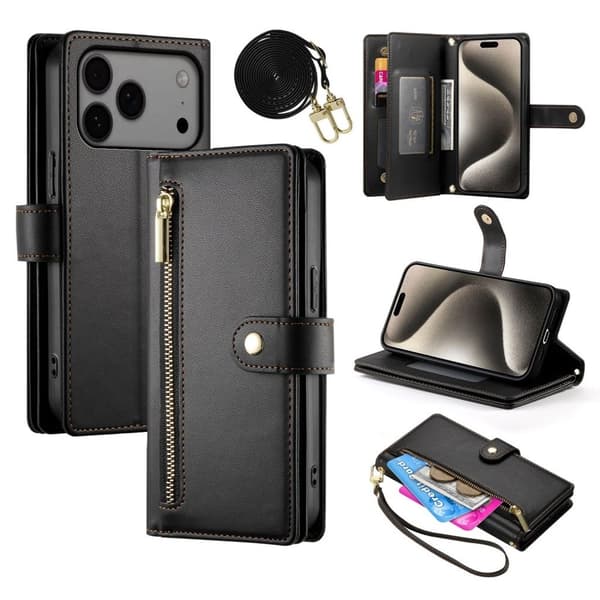 iPhone 18 Pro Max/17 Pro Max Wallet Cover with Stand and Carrying Strap - Black