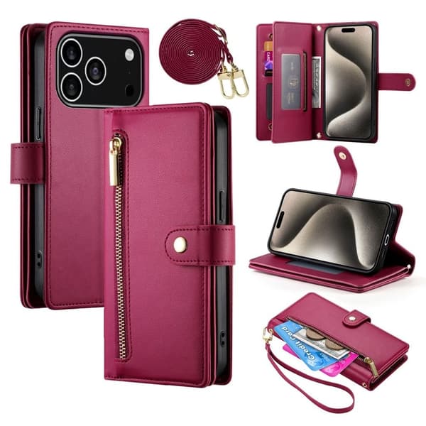 iPhone 18 Pro/17 Pro Wallet Cover with Stand and Carrying Strap - Red