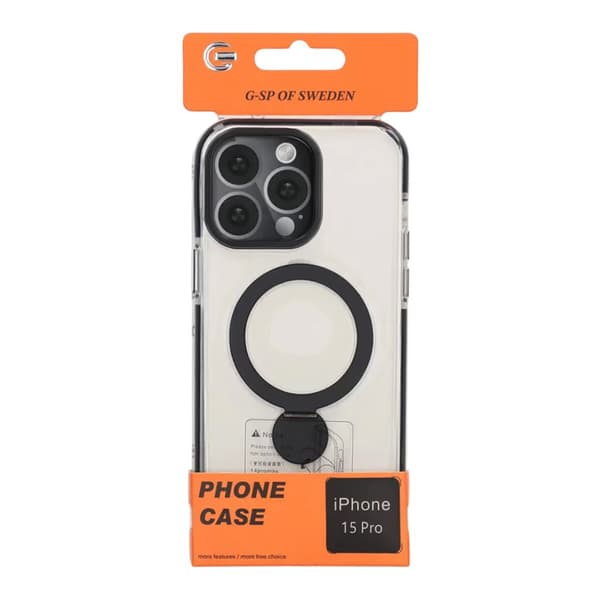 Skal Magsafe till iPhone 15 Pro - Transparent svart med ringstativ
