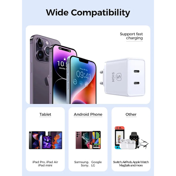 SiGN Dual USB-C PD Laddare 40W - Vit