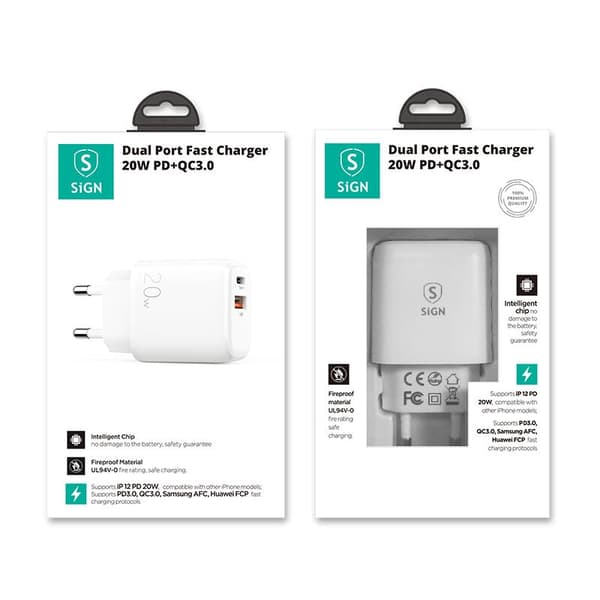 SiGN Snabbladdare USB & USB-C, PD & Q.C3.0, 3.5A, 20W - Vit Svart