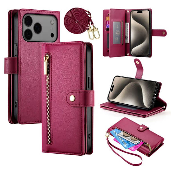 iPhone 17 Pro Max Wallet Cover with carrying strap - Red