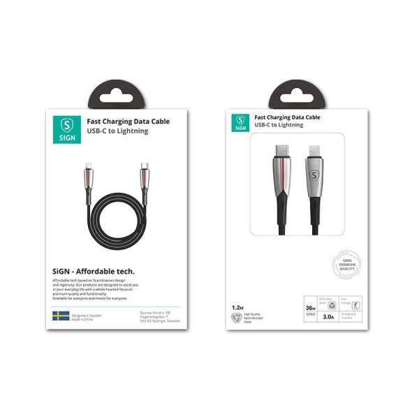 SiGN PD USB-C till Lightning Kabel, 1.2m, 3A, 36W - Svart
