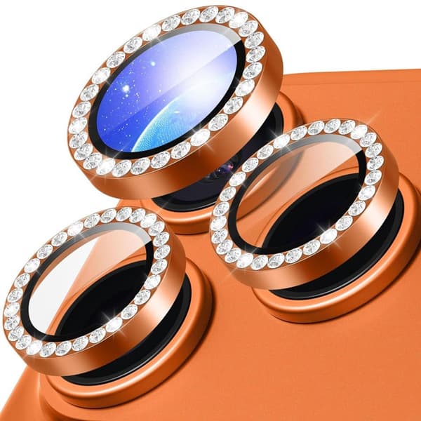 iPhone 18 Pro Tempered Glass Lens Protector with Rhinestone Metal Ring - Orange